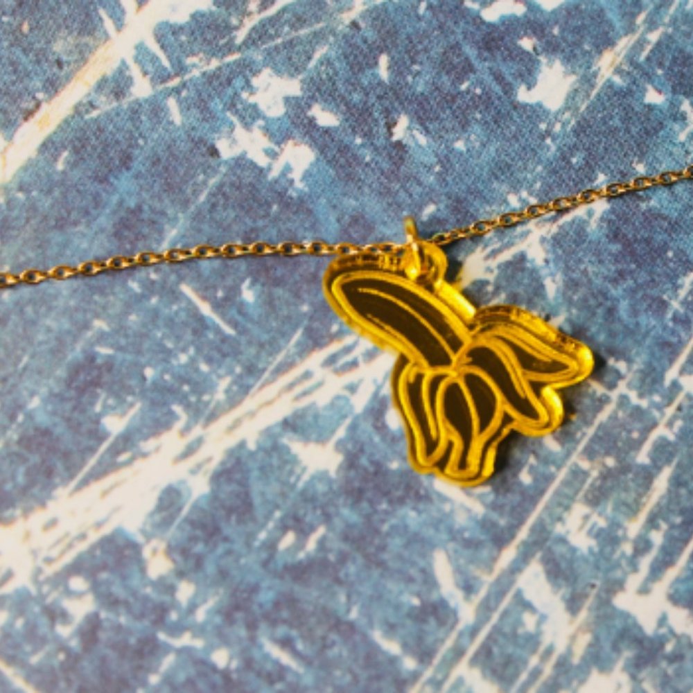 Banana Necklace Yellow Acrylic Pendant with 18 inch Gold Chain.